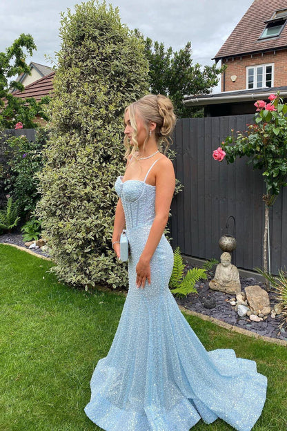 Long Light Sky Blue Prom Dresses Sequins Mermaid Sweetheart