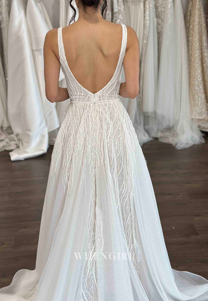 V Neck Sleeveelss Beaded Straps Vine Sweep Train A-Line Wedding Dress