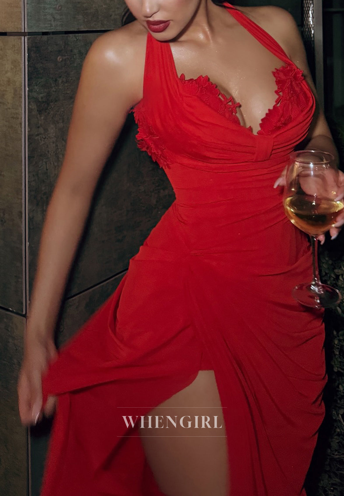 Red Halter Sleeveless Side Slit Ruched Sheath Evening Formal Gown
