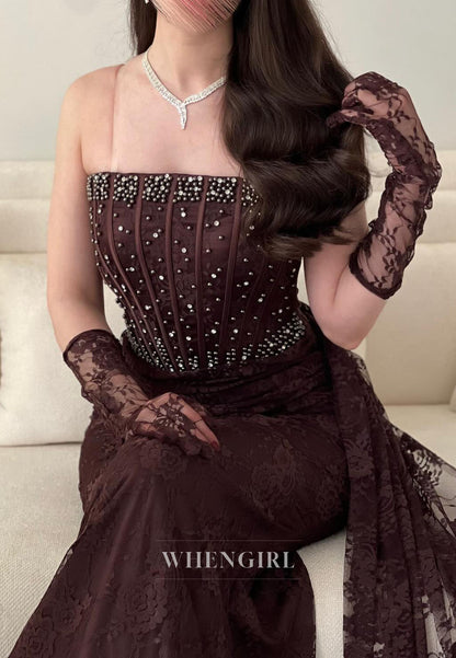 Chocolate Sleeveless Beaded Lace Up Sweep Train Sheath Evening Dress