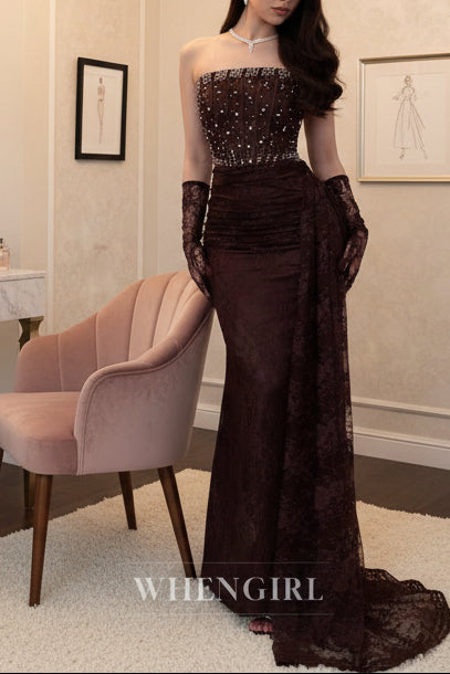 Chocolate Sleeveless Beaded Lace Up Sweep Train Sheath Evening Dress