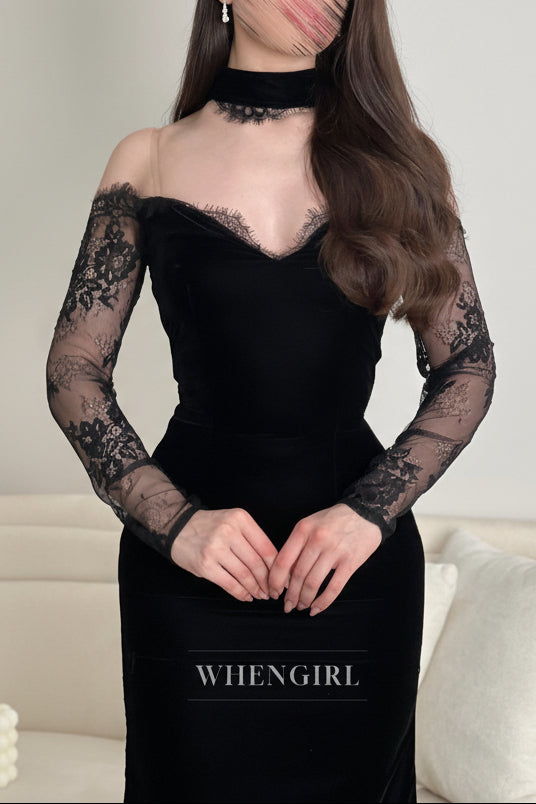 Black Long Sleeves Off Shoulder Sweep Train Sheath Evening Formal Dress