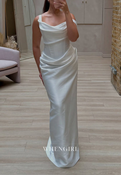 Sheath Asymmetrical Neck Sleeveless Ruched Wedding Dress with Detachable Train