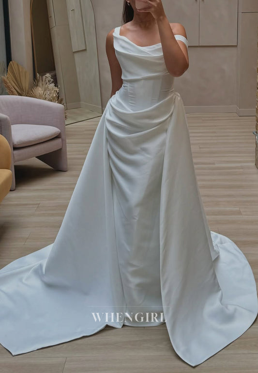 Sheath Asymmetrical Neck Sleeveless Ruched Wedding Dress with Detachable Train