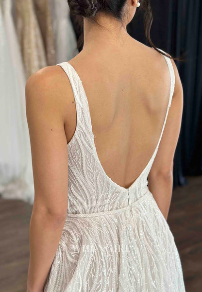 V Neck Sleeveelss Beaded Straps Vine Sweep Train A-Line Wedding Dress