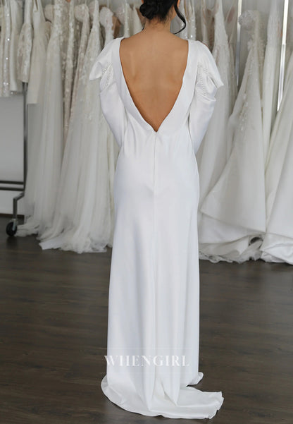 Simple Long Sleeves Bateau Neck V back Column Floor Length Wedding Dress