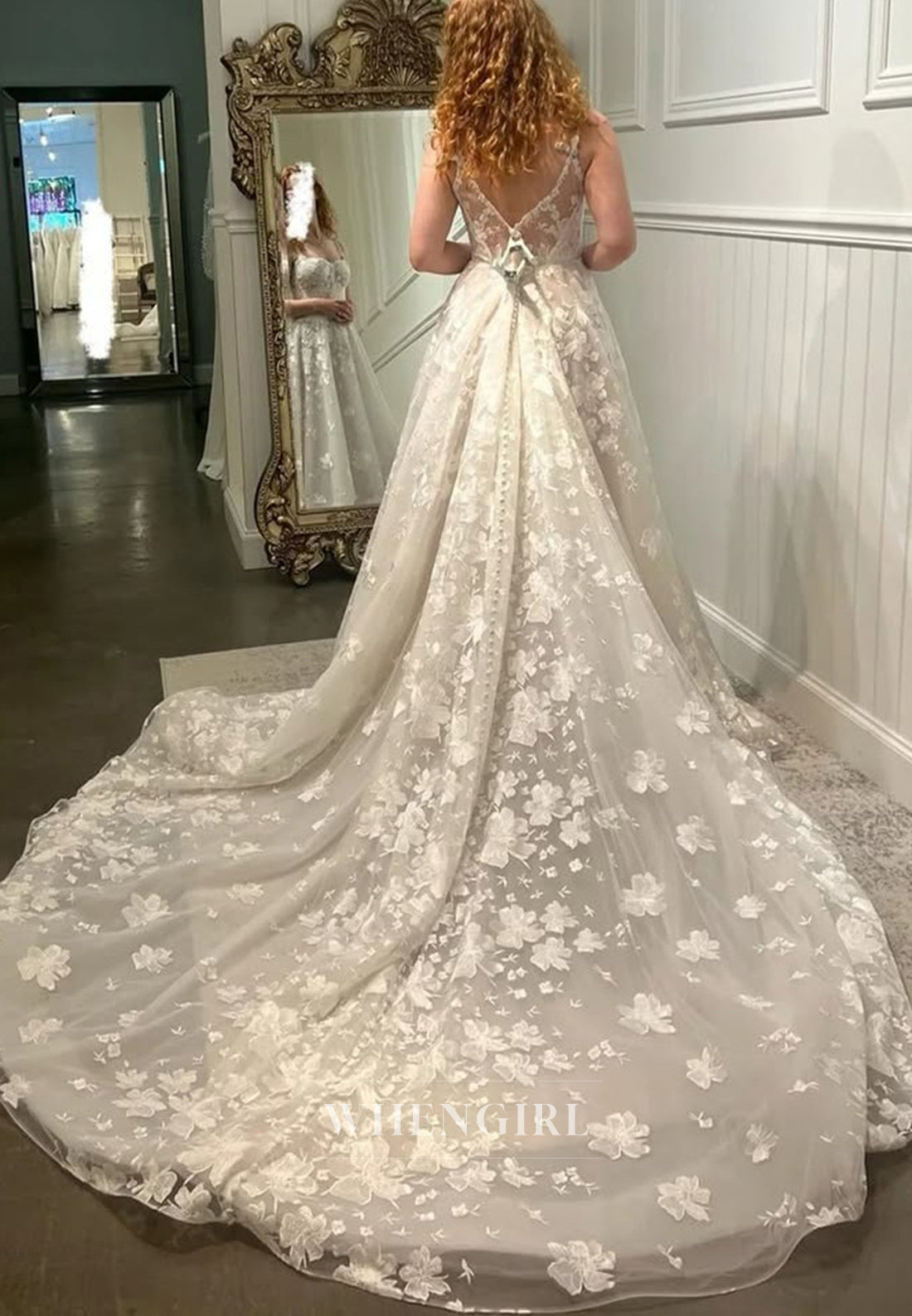 A-Line Square Neck Straps Sleeveless Appliqued Floral Court Train Wedding Dress