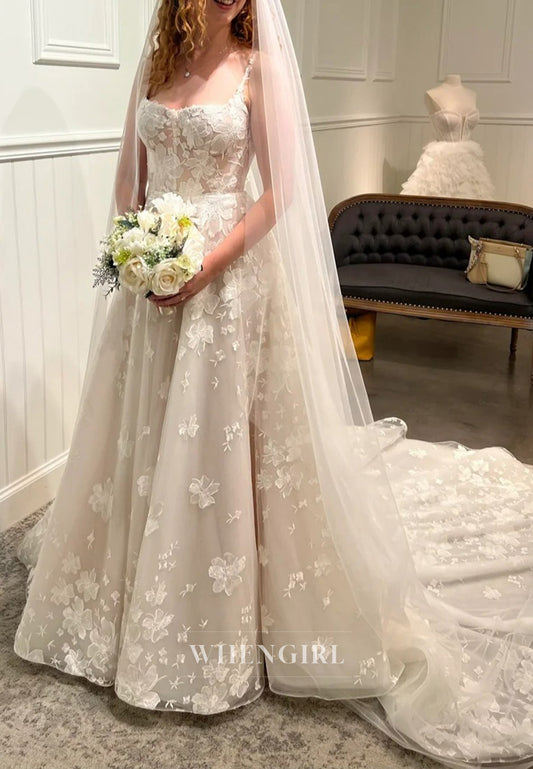 A-Line Square Neck Straps Sleeveless Appliqued Floral Court Train Wedding Dress