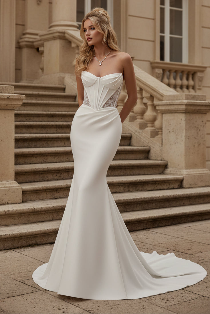 Classic Off Shoulder Pleated Court Train Wedding Dress