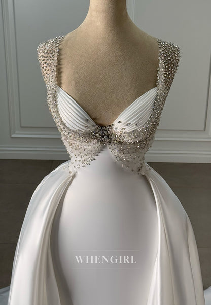 Sleeveless Sheath Sweetheart Satin Wedding Dress with Beads and Court Train