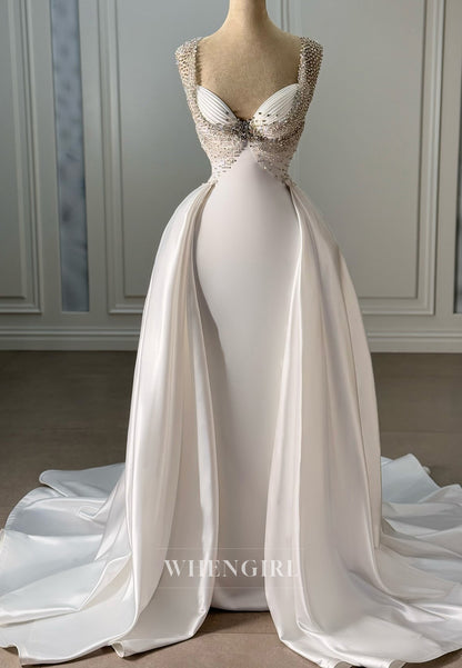 Sleeveless Sheath Sweetheart Satin Wedding Dress with Beads and Court Train