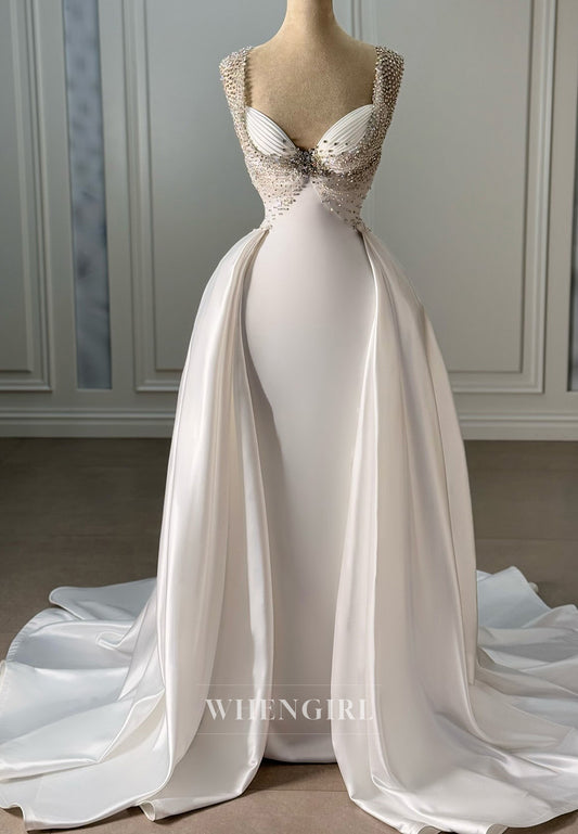 Sleeveless Sheath Sweetheart Satin Wedding Dress with Beads and Court Train