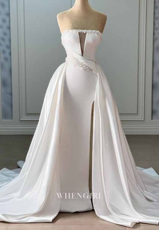 Strapless Pearl Beaded Cut Outs Pleated Sheath Wedding Dress with Side Slit and Court Train