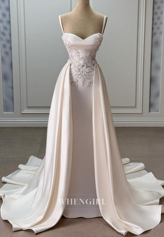 Sheath Sweetheart Sleeveless Pleated Spaghetti Straps Beading Satin Wedding Dress with Court Train