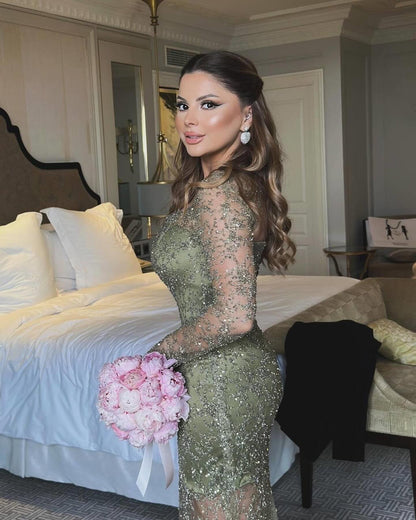 Long Sleeves Sheath Beads Lace Prom Dress