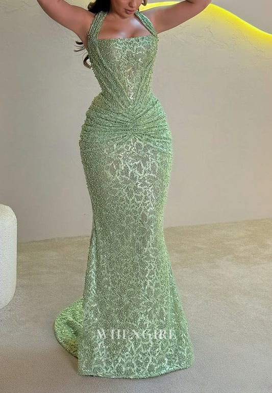 Mint Green Pleated Sleeveless Halter Lace Sheath Formal Evening Dress with Beads