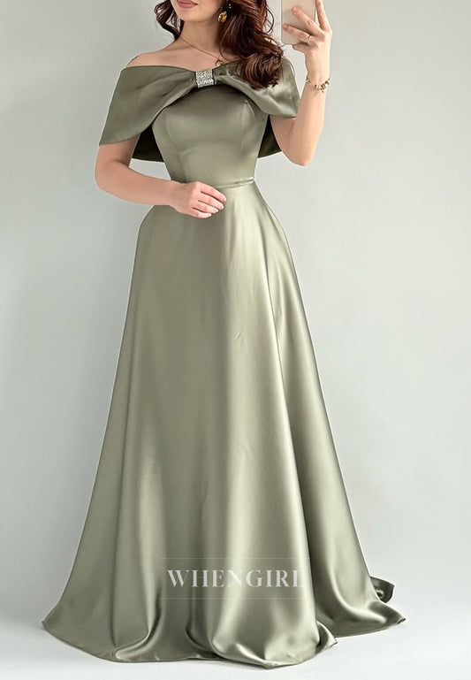 Sheath Off Shoulder Bowknot Floor Length Satin Formal Evening Dress