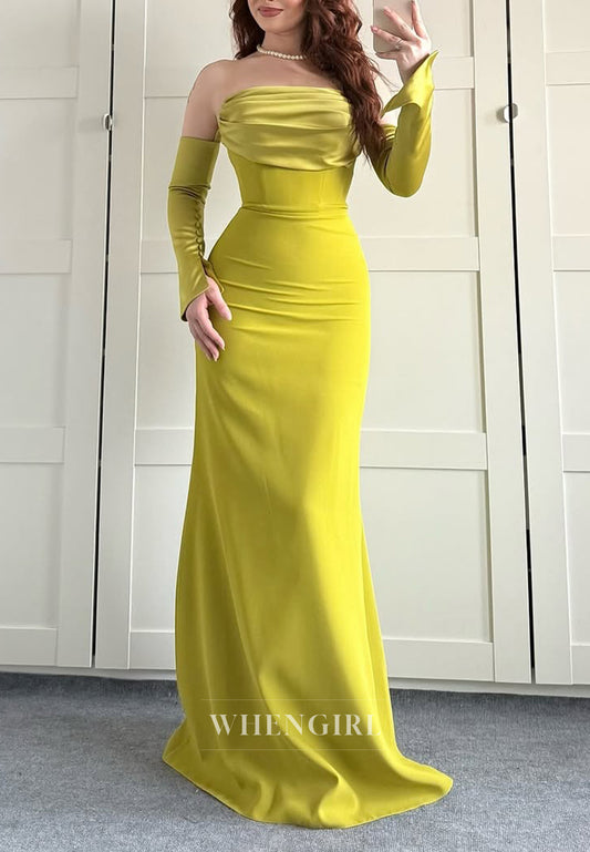 Daffodil Long Sleeves Pleated Strapless Sheath Floor Length Formal Evening Gown