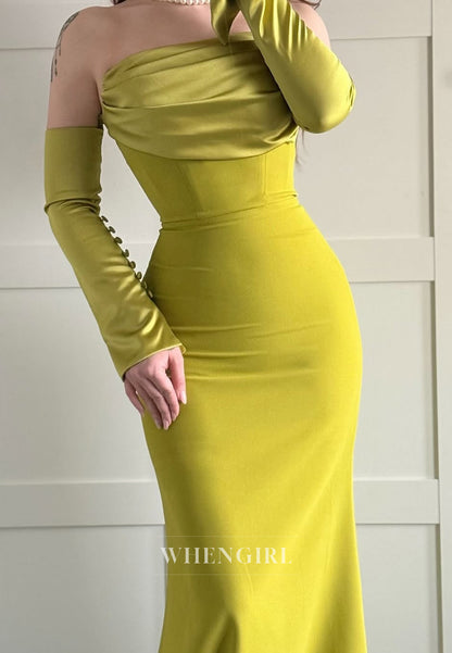 Daffodil Long Sleeves Pleated Strapless Sheath Floor Length Formal Evening Gown