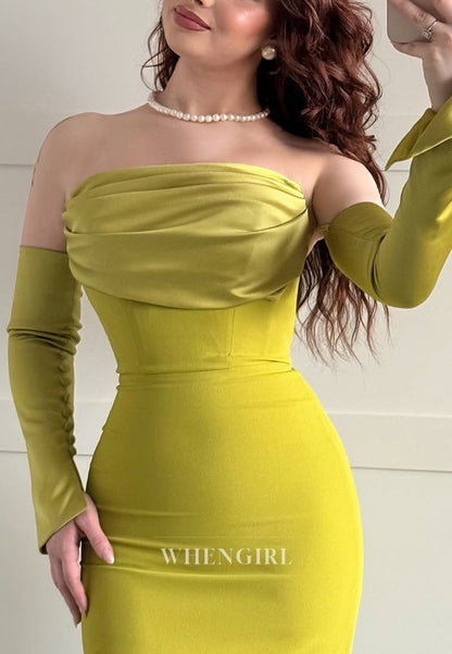 Daffodil Long Sleeves Pleated Strapless Sheath Floor Length Formal Evening Gown