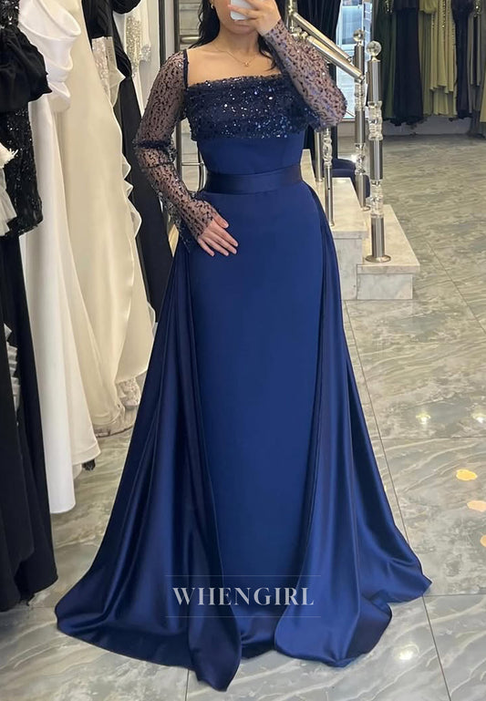 Navy Square Neck Beaded Long Sleeves Sheath Formal Evening Dress