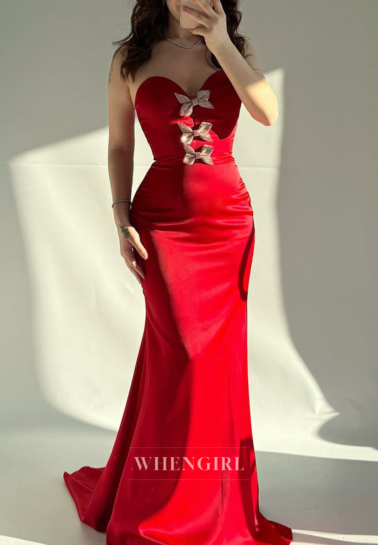 Red Sweetheart Strapless Mermaid Formal Evening Gown with Bowknot and Sweep Train