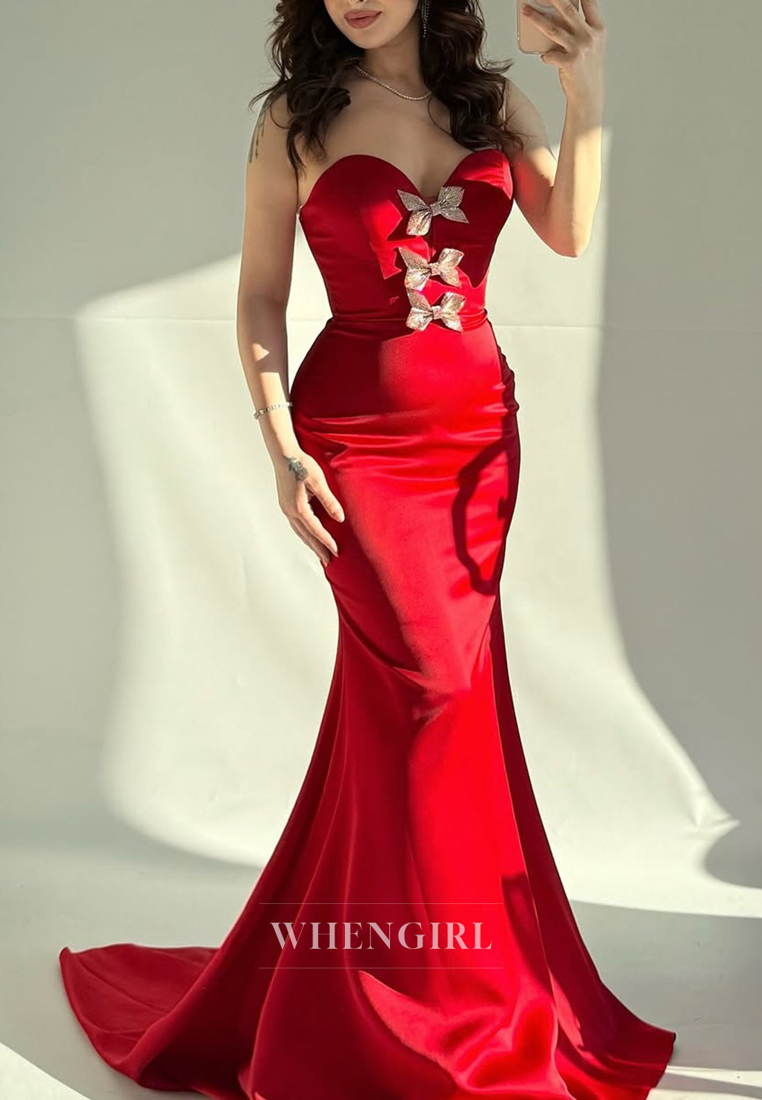 Red Sweetheart Strapless Mermaid Formal Evening Gown with Bowknot and Sweep Train