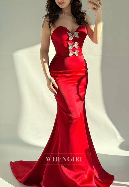 Red Sweetheart Strapless Mermaid Formal Evening Gown with Bowknot and Sweep Train