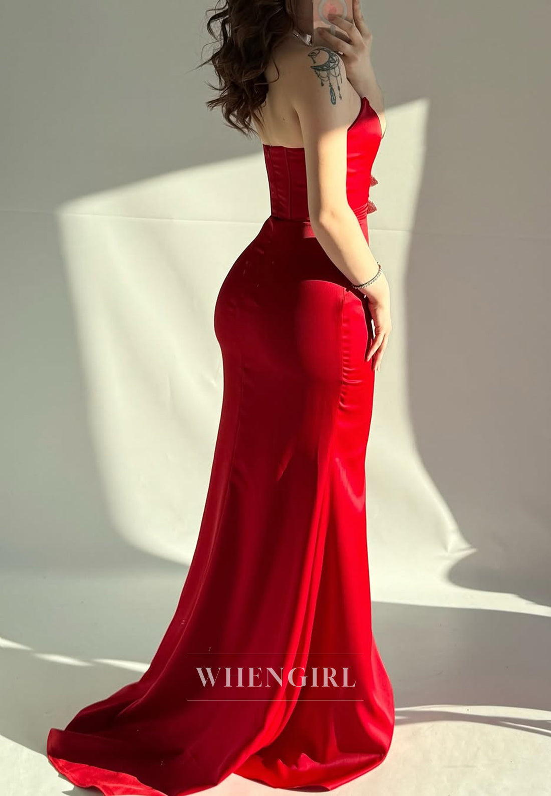 Red Sweetheart Strapless Mermaid Formal Evening Gown with Bowknot and Sweep Train