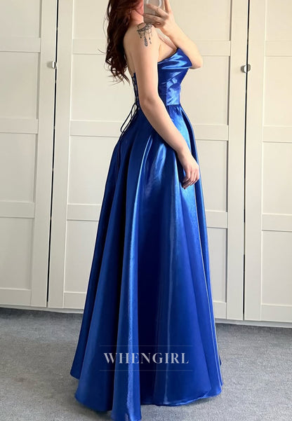 Strapless Satin A-Line Tie Back Sleeveless Formal Evening Dress