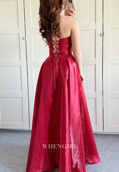 Strapless Satin A-Line Tie Back Sleeveless Formal Evening Dress