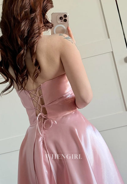 Strapless Satin A-Line Tie Back Sleeveless Formal Evening Dress