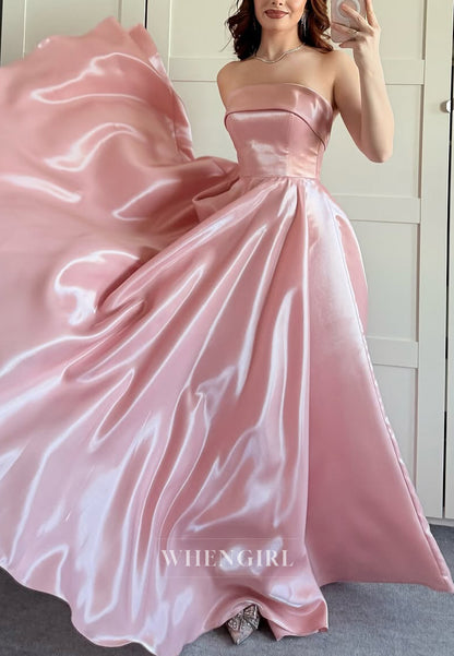 Strapless Satin A-Line Tie Back Sleeveless Formal Evening Dress