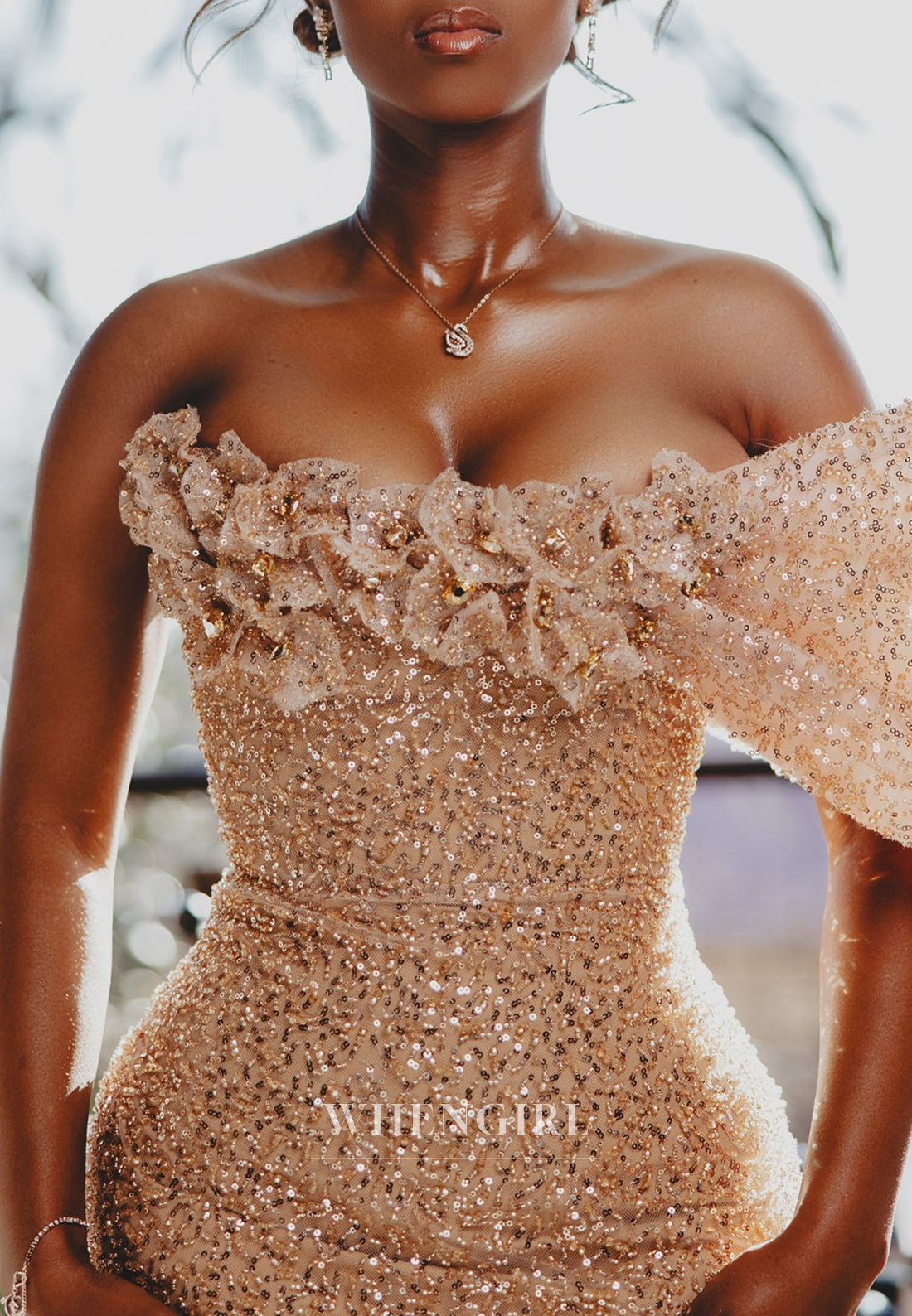 Champagne One Shoulder Floral Beaded Sweep Train Prom Dress