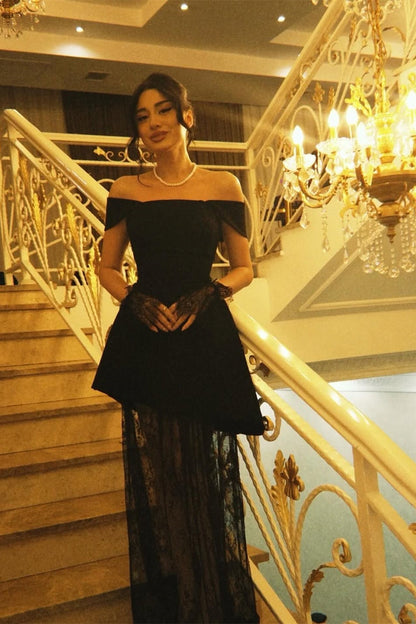 Luxury Black Off-The-Shoulder A-Line Satin Prom Dress Sleeveless Lace With Zipper