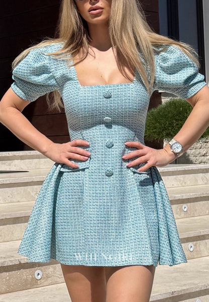 Blue Square Neck Short Puff Sleeves A-Line Short Homecoming Dress