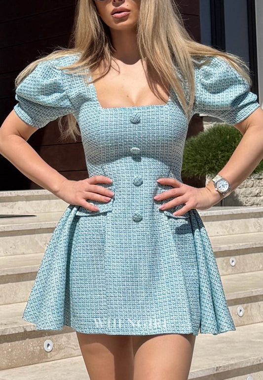 Blue Square Neck Short Puff Sleeves A-Line Short Homecoming Dress