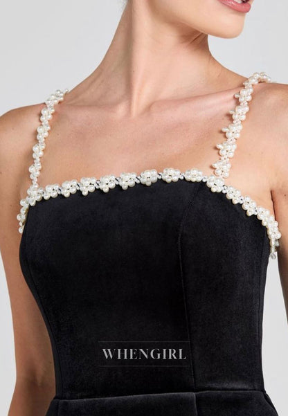 Black Velvet Sleeveless Pearls Beading Straps Sheath Homecoming Dress