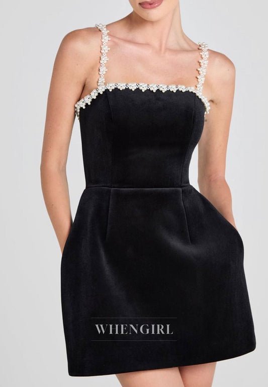 Black Velvet Sleeveless Pearls Beading Straps Sheath Homecoming Dress