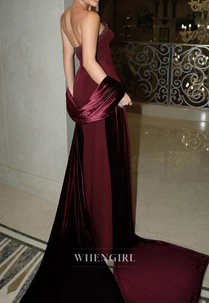 Column Burgundy Beaded Neckline Sleeveless Scarf Evening Dress Back Zipper Formal Gown