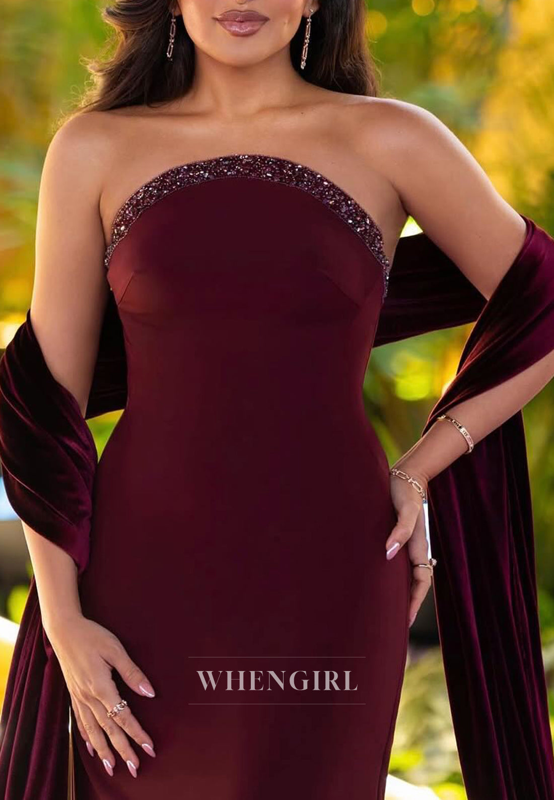 Column Burgundy Beaded Neckline Sleeveless Scarf Evening Dress Back Zipper Formal Gown
