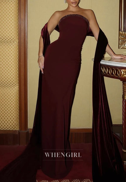 Column Burgundy Beaded Neckline Sleeveless Scarf Evening Dress Back Zipper Formal Gown