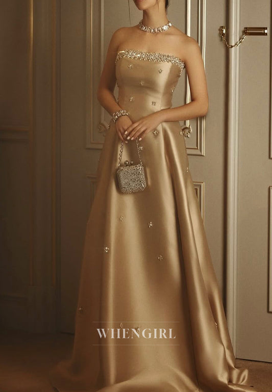Champagne Tube Top Rhinestones Beading A-Line Satin Evening Formal Dress