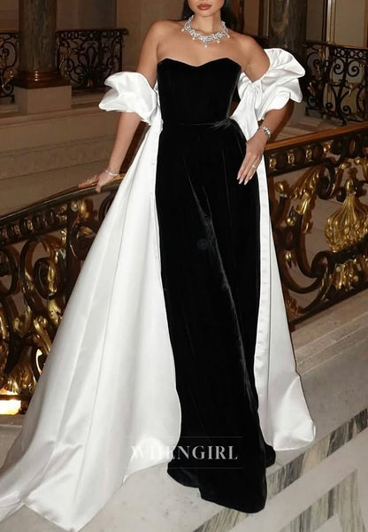 Black Velvet Sweetheart Strapless Sheath Evening Dress with White Cape