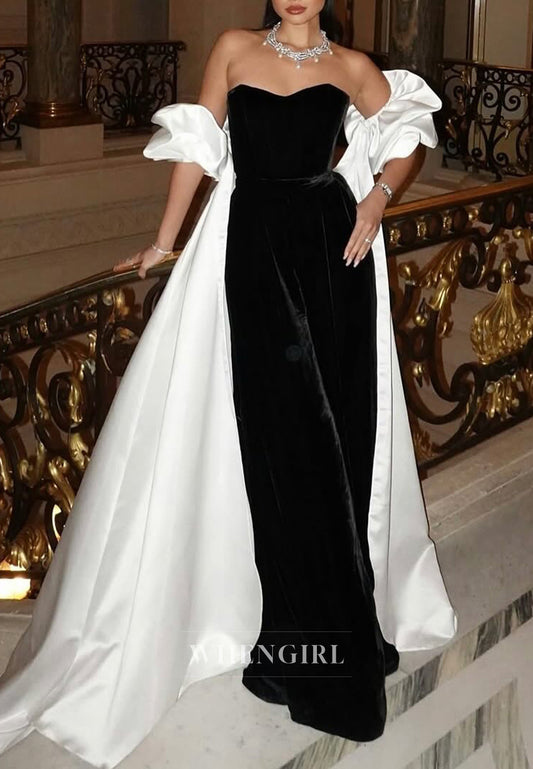 Black Velvet Sweetheart Strapless Sheath Evening Dress with White Cape
