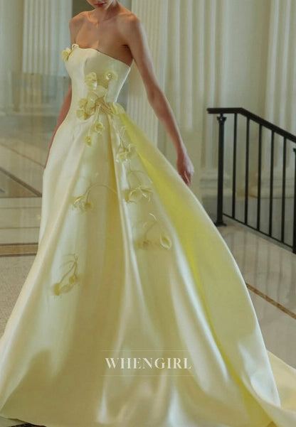 Yellow Tube Top Sleeveless Flowers A-Line Satin Formal Evening Dress