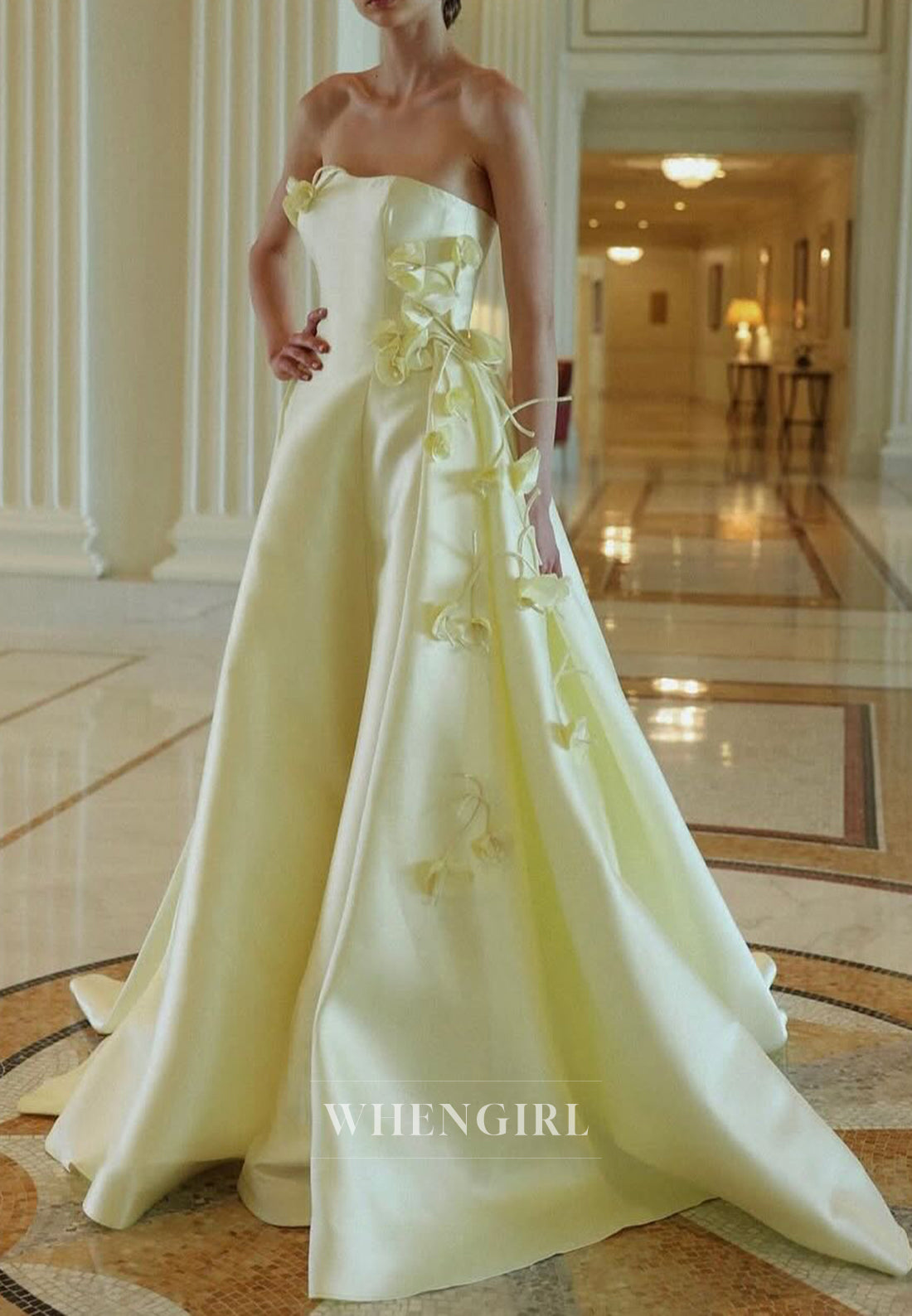 Yellow Tube Top Sleeveless Flowers A-Line Satin Formal Evening Dress