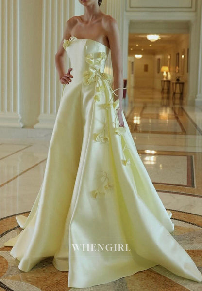 Yellow Tube Top Sleeveless Flowers A-Line Satin Formal Evening Dress
