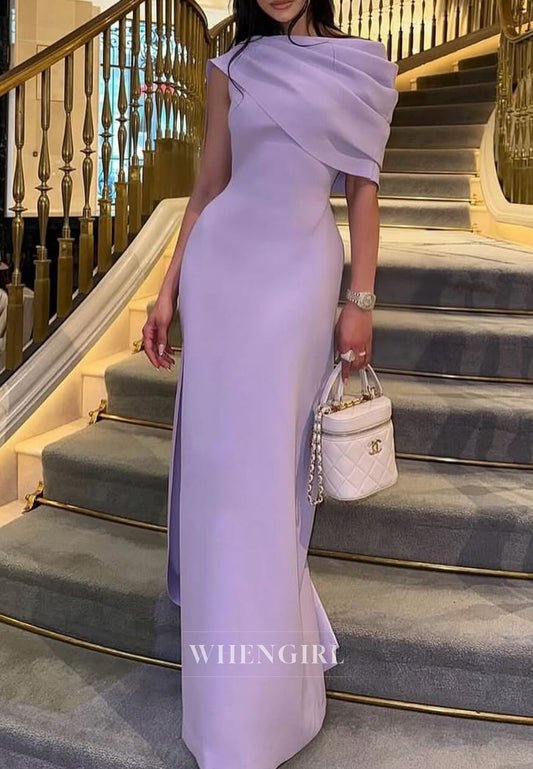 Lilac Pleated Bateau Neck Back Zipper Evening Dress Formal Gown