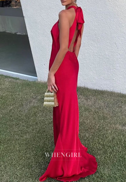 Red Halter Cut Out Back Sleeveless Sheath Floor Length Formal Evening Dress